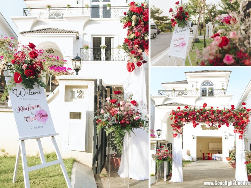 Trang trí cổng hoa tươi đám cưới tông đỏ (1)